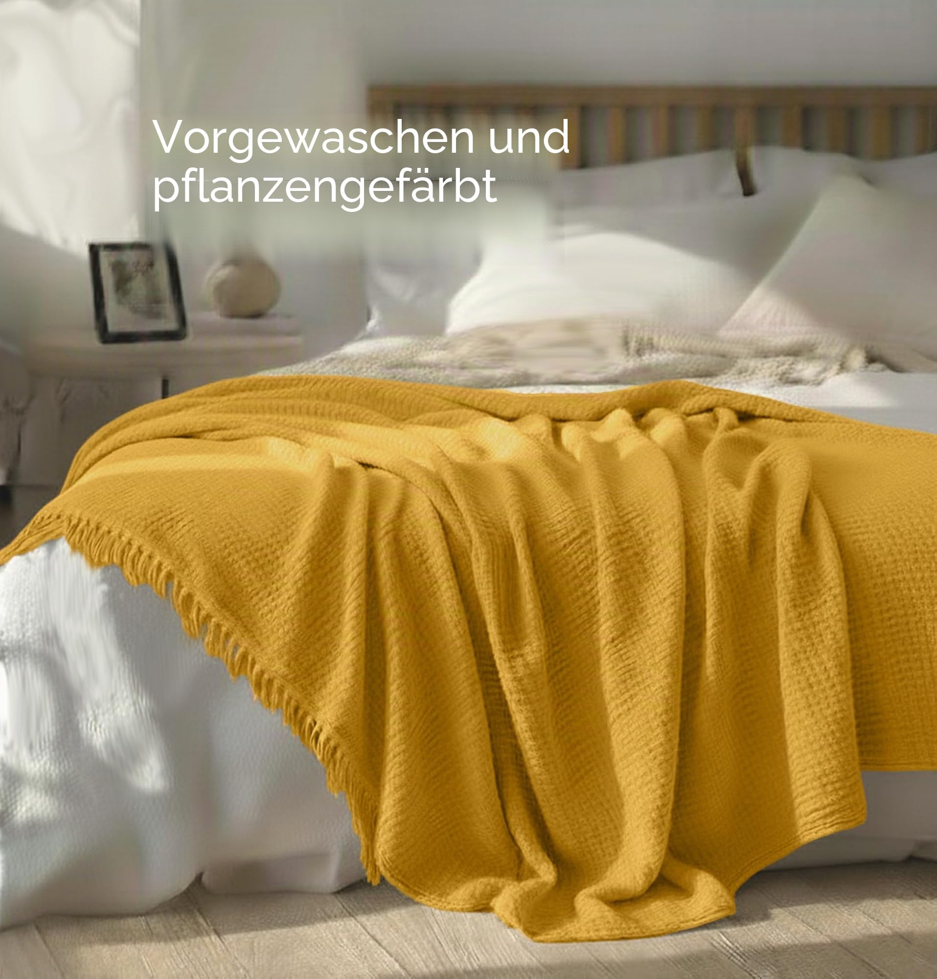 KyraHome Überwurfdecke aus 100% Bio-Musselin-Baumwolle, 139,7 x 152,4 cm, für Erwachsene, handgefärbt, atmungsaktiv, weich, leicht, Gaze, Überwurfdecke für Erwachsene, alle Jahreszeiten (senfgelb)