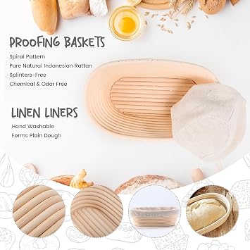 Sourdough Bread Baking Set, 2 Pack 25cm Oval Banneton Bread Proofing Baskets, Silicone Bread Sling, Danish Dough Whisk, Dough Scraper Kit, Silicone Brush