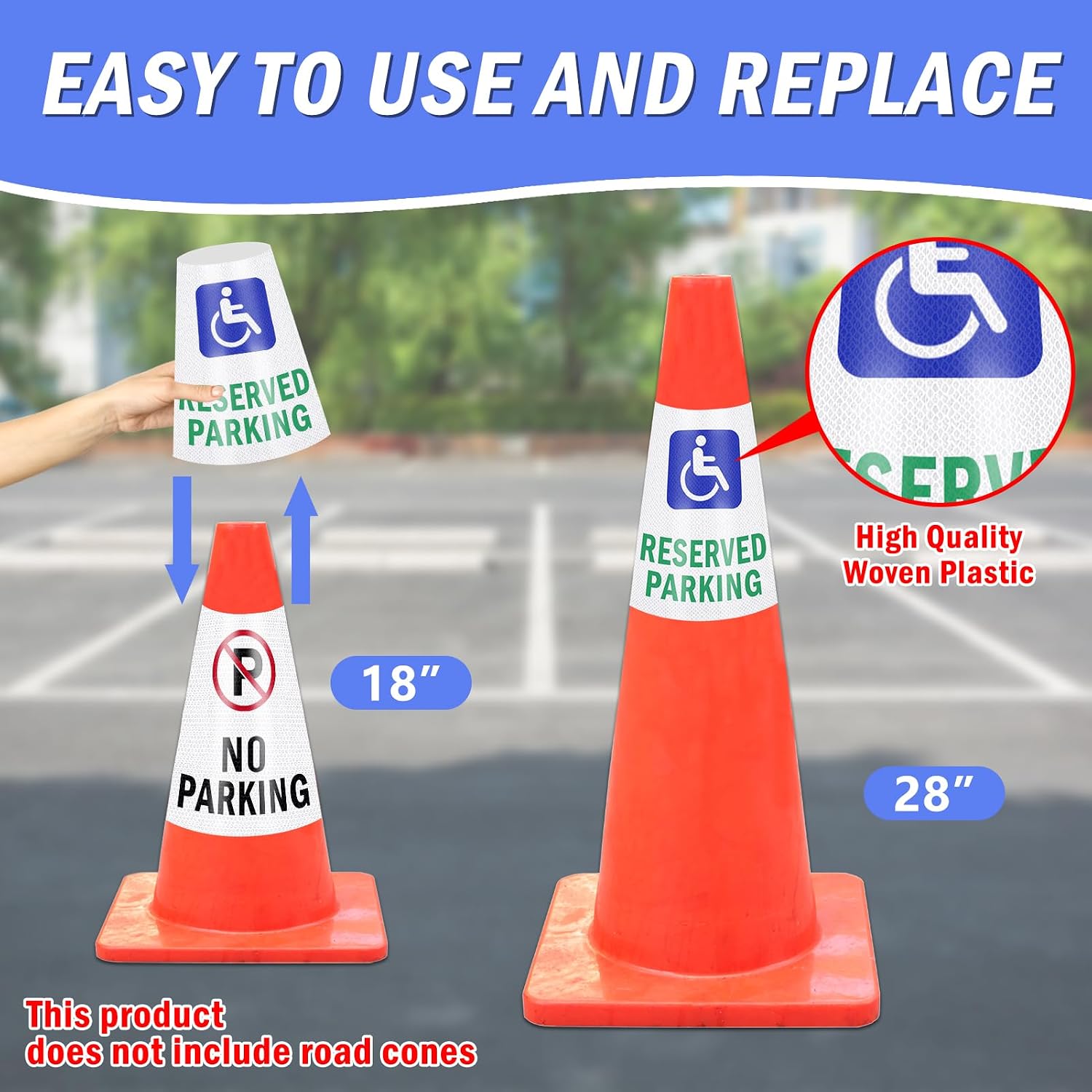 4 Pack “Reserved Parking” Reflective Cone Message Sleeve Collar with Handicapped Symbol, 360° High Visibility Cone Topper for Traffic Safety Signs, Non-Adhesive, Suitable for Parking Lot & Roadside
