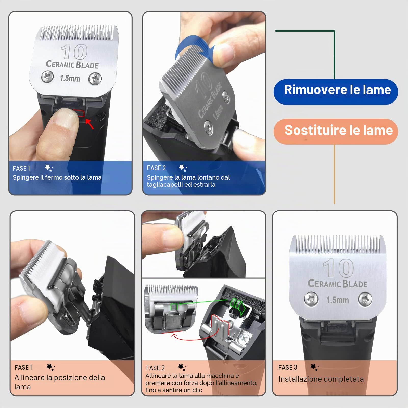 Lame in ceramica staccabili per tosatrice per cani da compagnia, compatibili con Andis, Oster A5, tosatrici serie Wahl KM, lunghezza di taglio 10 1/16"(1,5 mm)