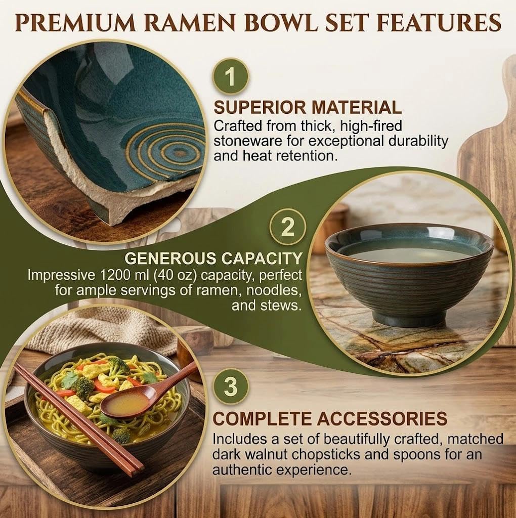 Ramen Bowl - Ciotola da 1200 ml, con bacchette e cucchiai, per zuppa, pasta, macedonia, 2 pezzi (verde retrò)
