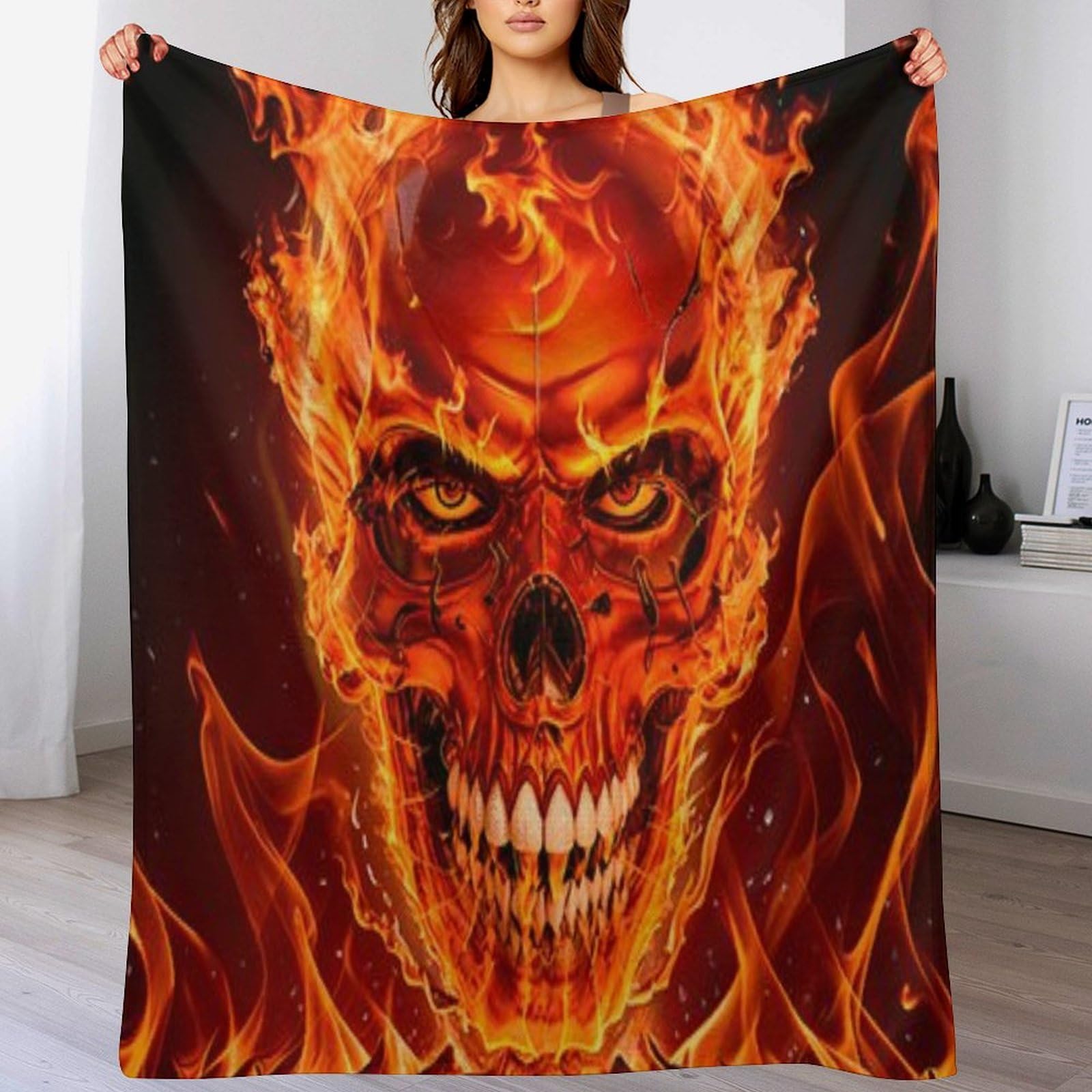 Plaid crâne enflammé en flanelle de polyester chaude 150x200cm pour lit et canapé