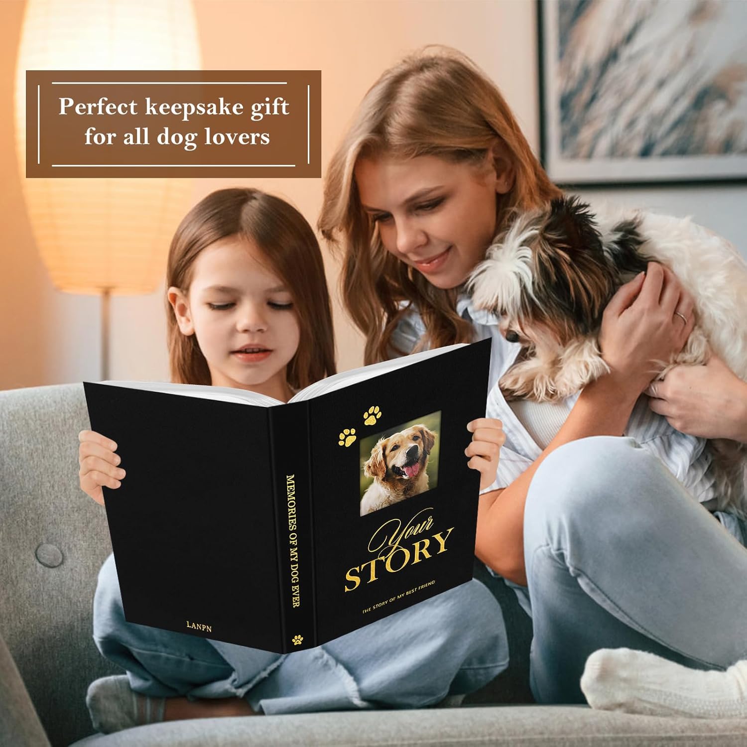 Lanpn Cute Puppy Photo Album 4x6 300 Pockets, Linen Cover Holds 300 Horizontal 4 x 6 Photos with Memo Writing Area Dogs Memory Book Keepsake for Dog Lovers Beige