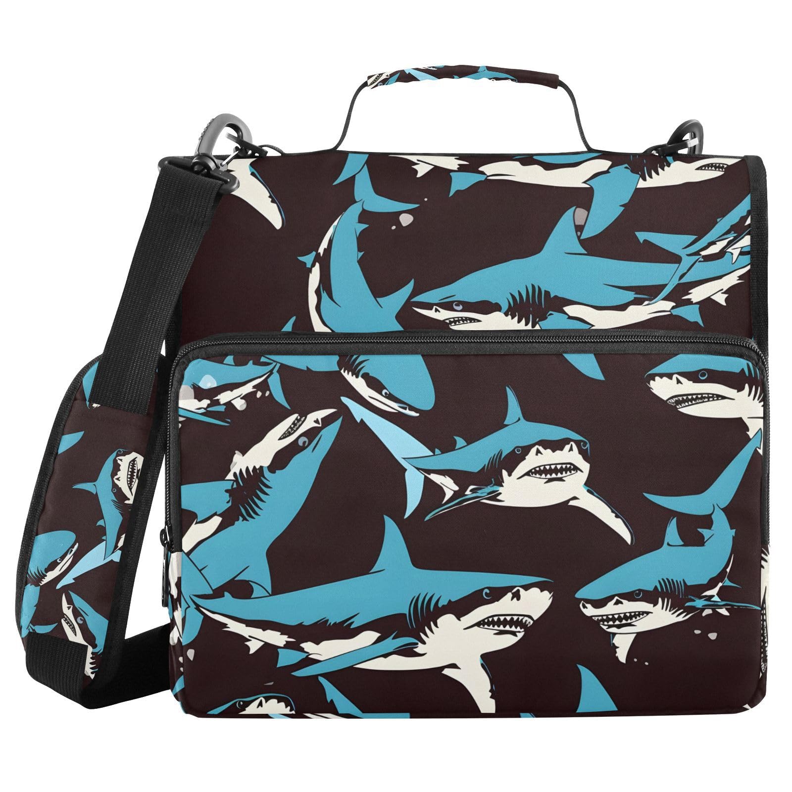 Shark Blue Ocean Black Zipper Binder Bag 3 Ring Binder with Shoulder Strap Zip Up 500 Sheets Capacity Multi Pockets for School Office Supplies
