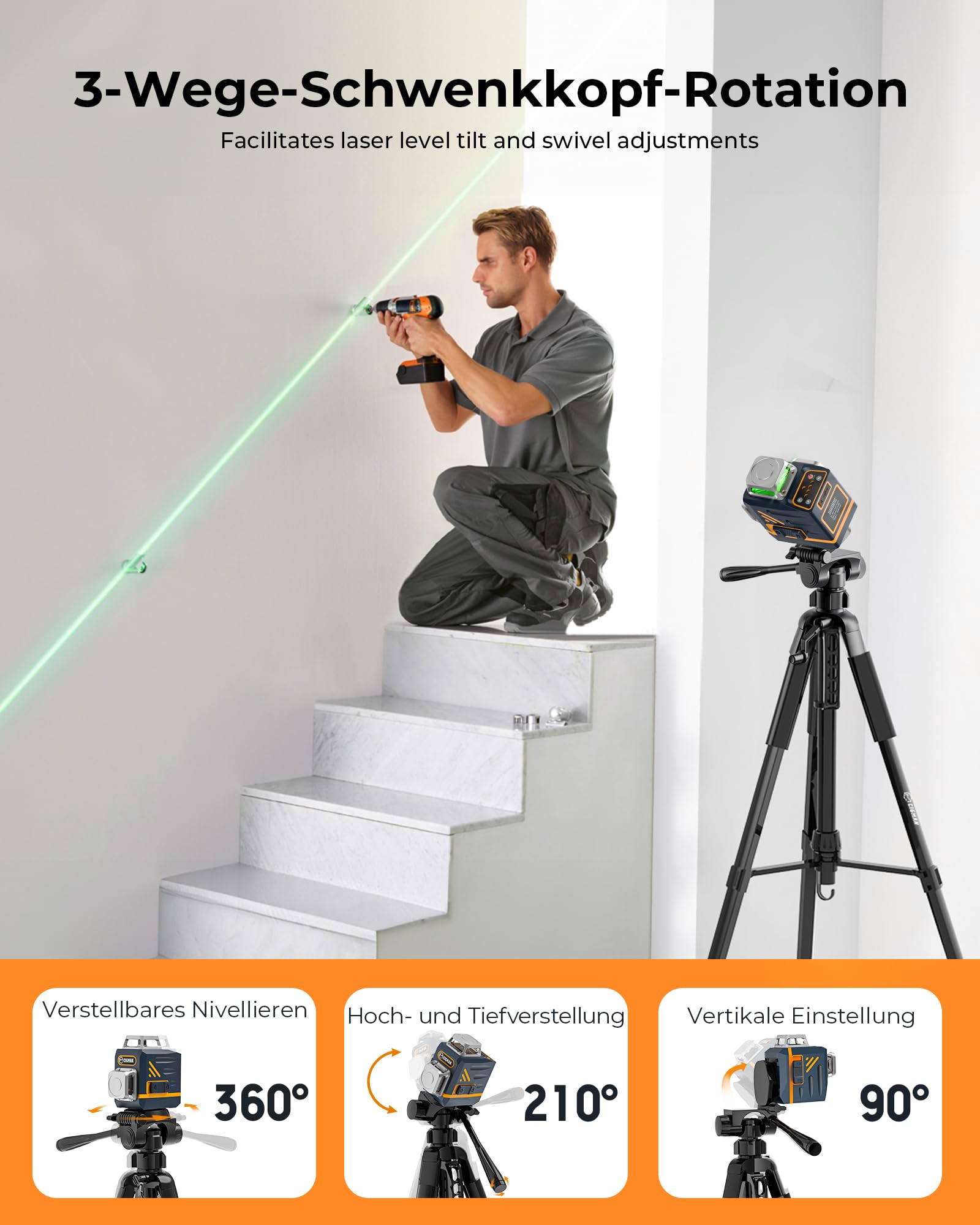 CIGMAN Stativ Laser 1,5m Aluminium Verstellstativ mit 3-Wege-Schwenkkopf und Blasenebene, 1/4-20 und 5/8-11 Gewindeadapter CTP01