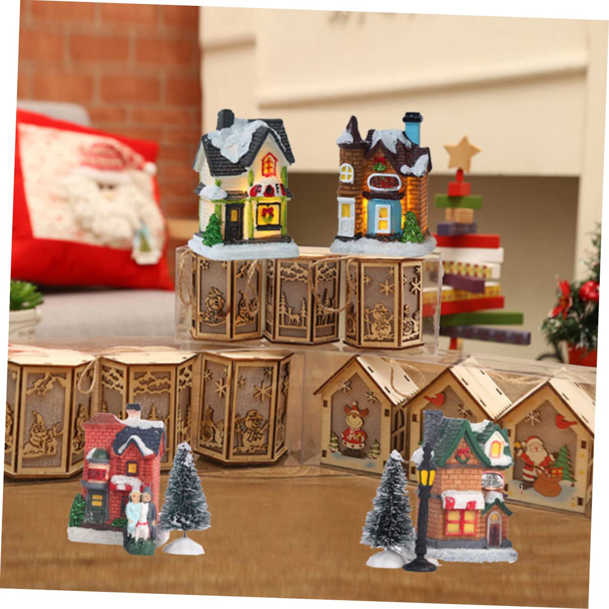 Casetta Di Natale Luci Led in Resina Decorazione Luminosa Da Tavolo Per Feste Di Natale Regalo Per Casa e Ufficio