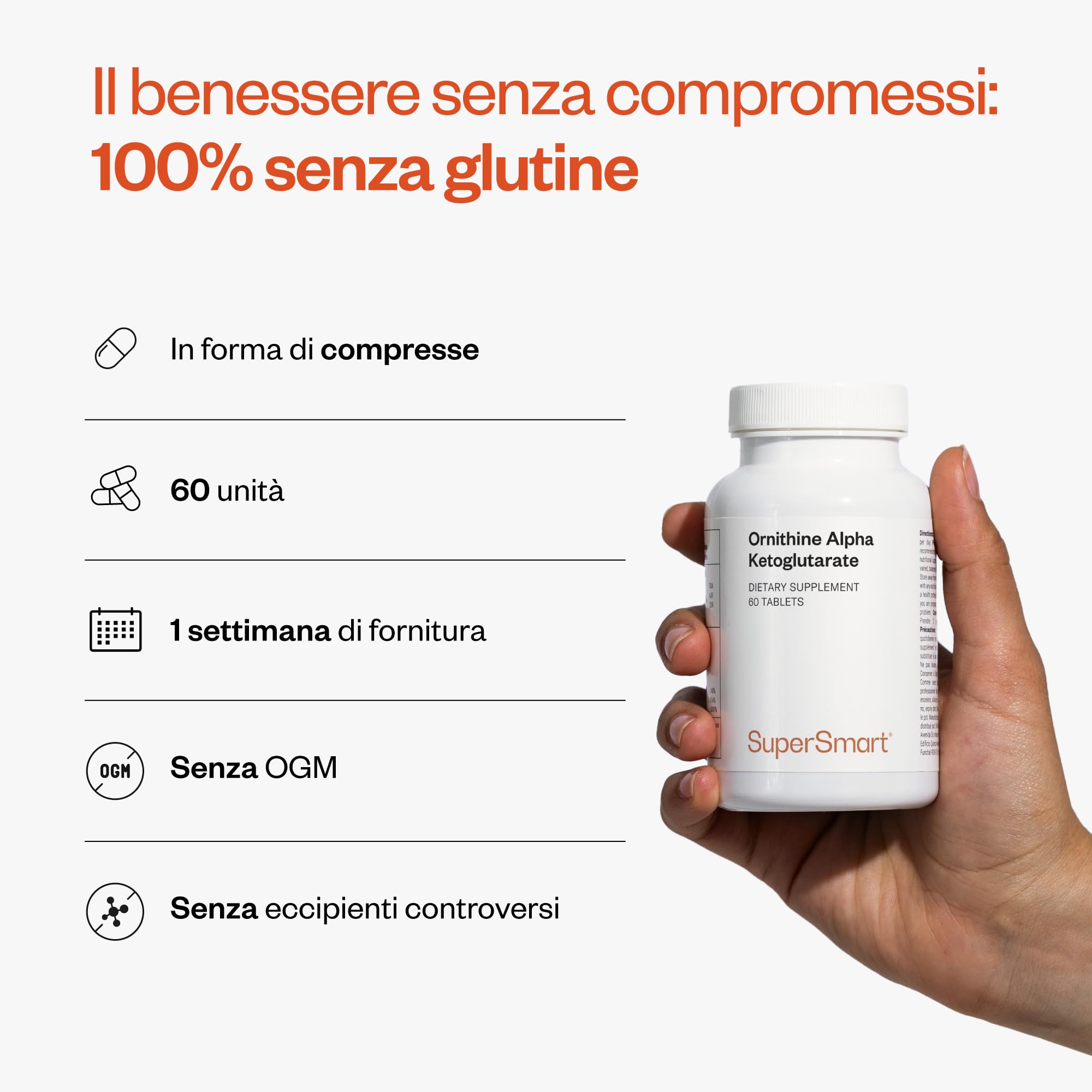 Ornitina alfa chetoglutarato (OKG) - Aumenta la produzione degli ormoni della crescita - Contribuisce alla sintesi proteica e all'aumento della massa muscolare - Vegano - SuperSmart