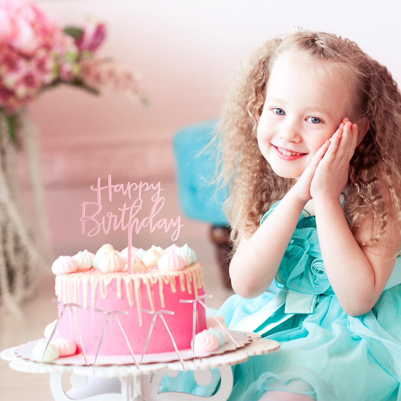 Lot de 10 décorations de cupcakes en forme de nœud rose avec 1 panneau rose « Happy Birthday » - Décorations de fête à thème pour gâteau de mariage, dessert pour mariage, fête d'anniversaire