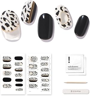 Zinipin Gellight Semi-Cured Gel Nail Strips | 24 Nail Wraps | Includes Nail Wipes, Cuticle Stick & Nail File | Black & White Animal Print (Glitz Cow)