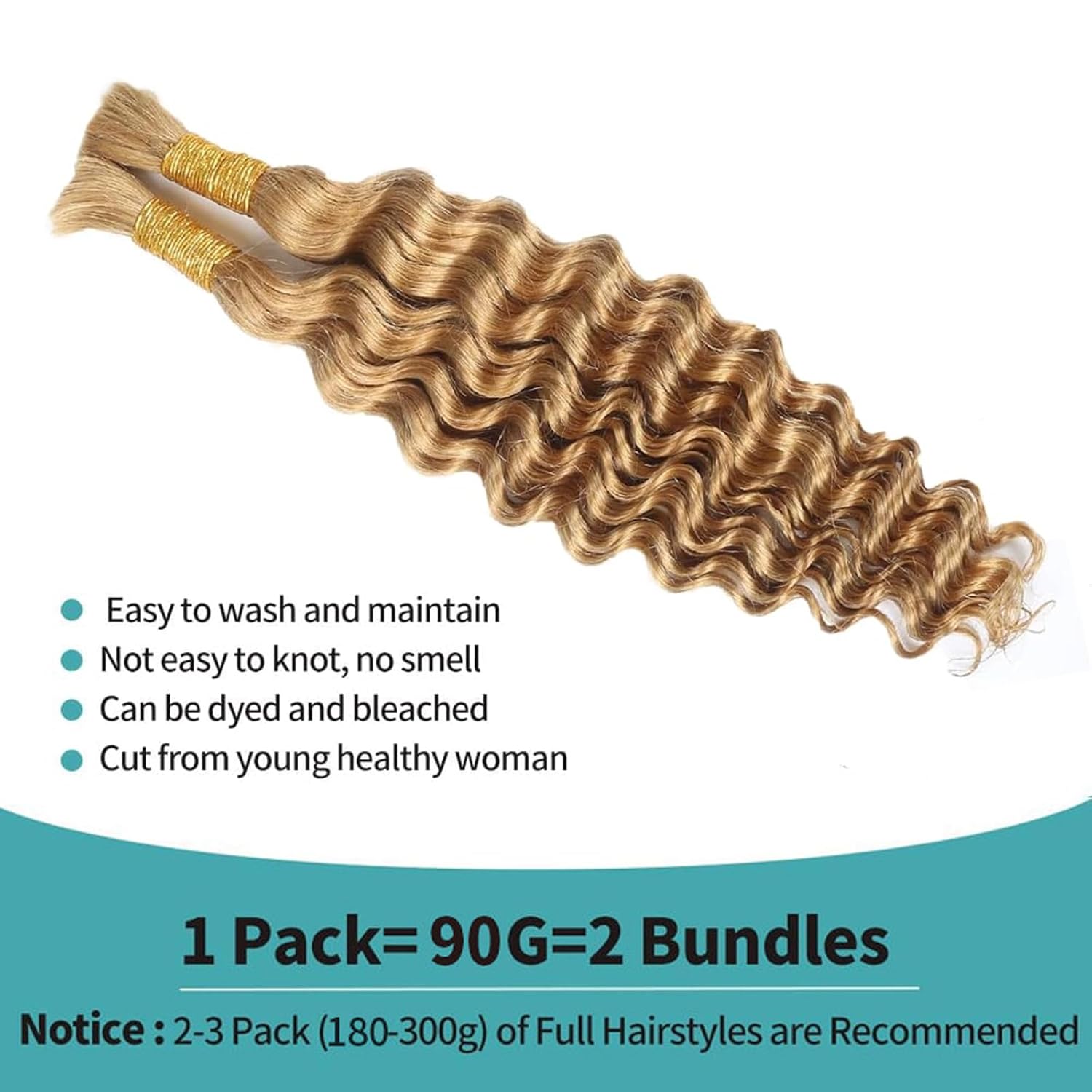 Deep Wave 2 Bundle Bulk Human Hair for Braiding Highlight Honey Blonde Curly Hair Extensions for Boho Braids Wet and Wavy Color 27 Human Braiding Hair Blonde Braiding Hair 90g 16 Inch