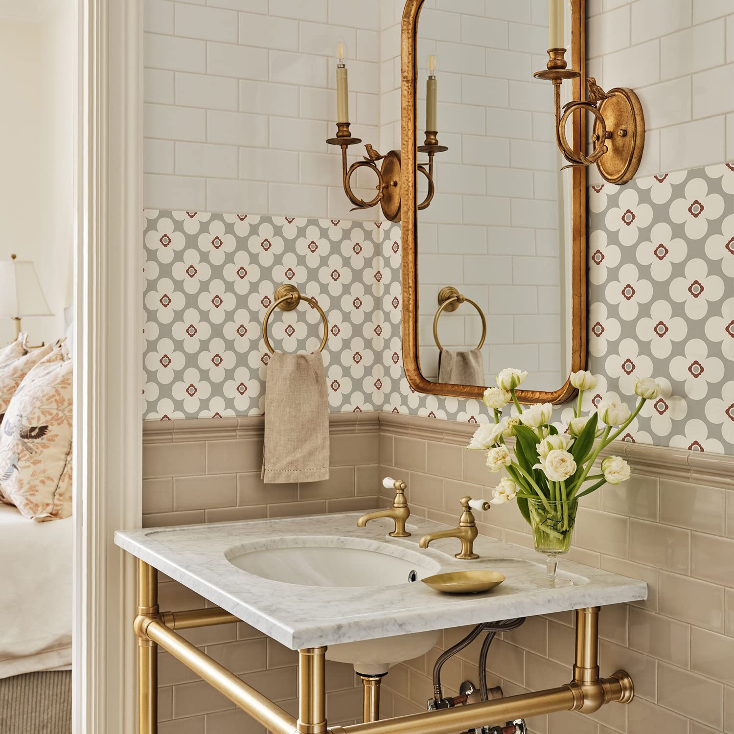 Tile Stickers Grey Beige Flower Bathroom PVC Self Adhesive Tiles Stick on Kitchen Wall Peel and Floor 20x20cm/48 pcs