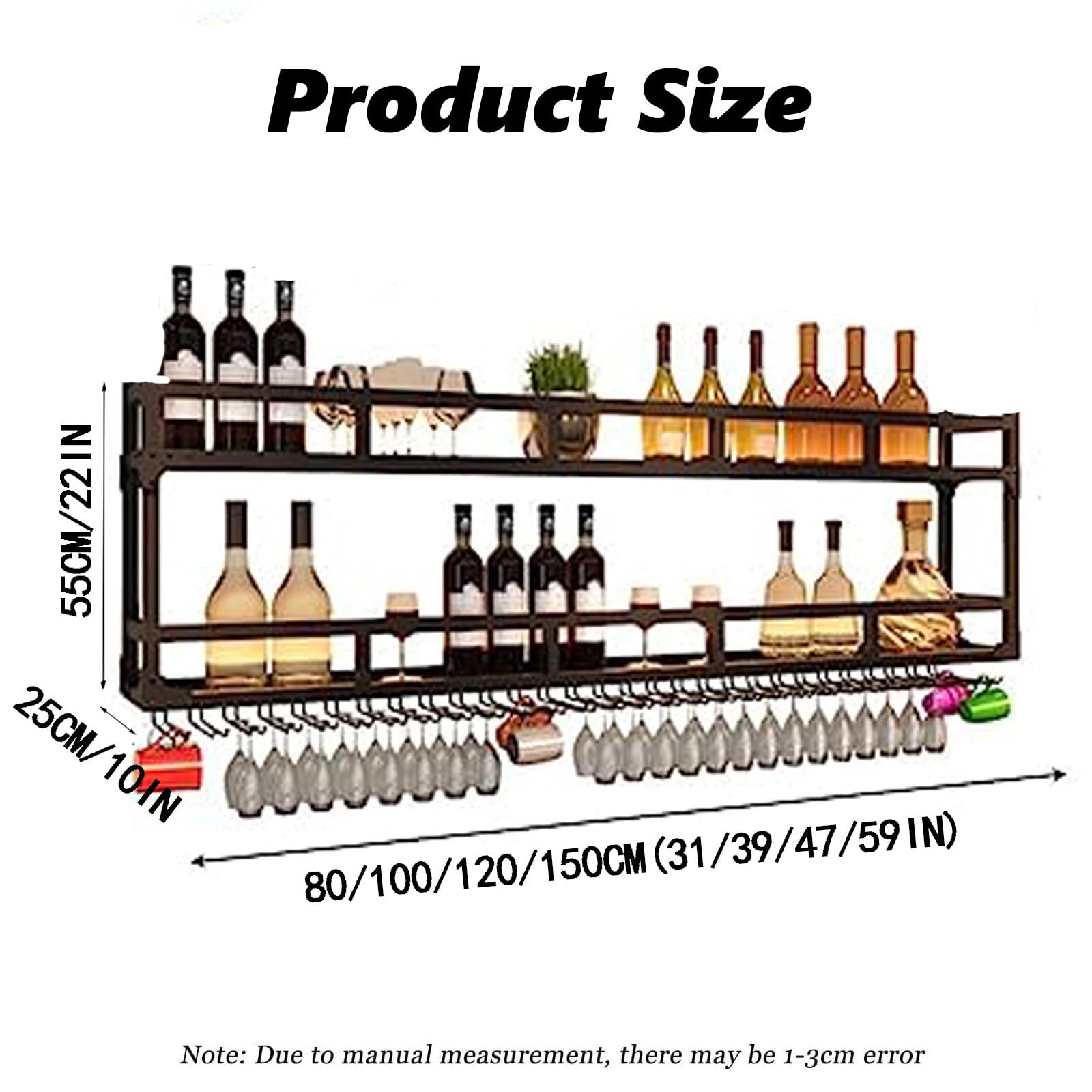 Pływająca metalowa półka na wino z oświetleniem na butelki z alkoholem i kieliszki do wina, wielofunkcyjna, ścienna, do domu, restauracji, barów, złota (120 x 25 x 55 cm)