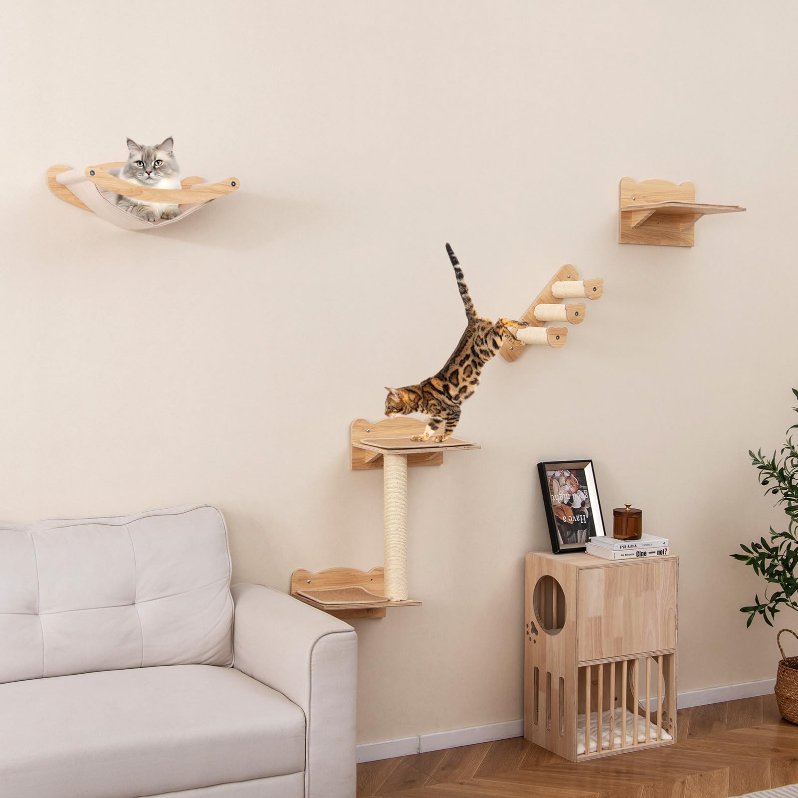 Tangkula Cat Wall Shelves, 4 Pieces Wooden Wall Mounted Kitten Furniture Set with Hammock, 2-Step Cat Tree, Non-Slip Pads, Sisal Stairs & Scratching Posts, Modern Cat Climber Steps (Natural) - image 2