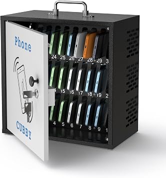 POCHAR 30-Slot Metal Lockable Cell Phone Storage Cabinet, Fully Assembled | Steel Wall-Mounted Phone Box for Classroom and Office, Portable Cell Phone Cubby with Handle and Security Lock