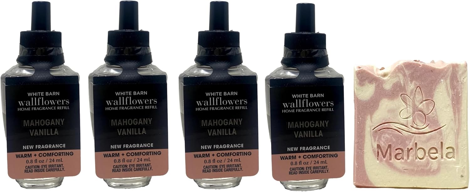 Bath & Body Works Mahogany Vanilla 4 Pack Wallflowers Home Fragrance Refills - Marbela Sample Soap