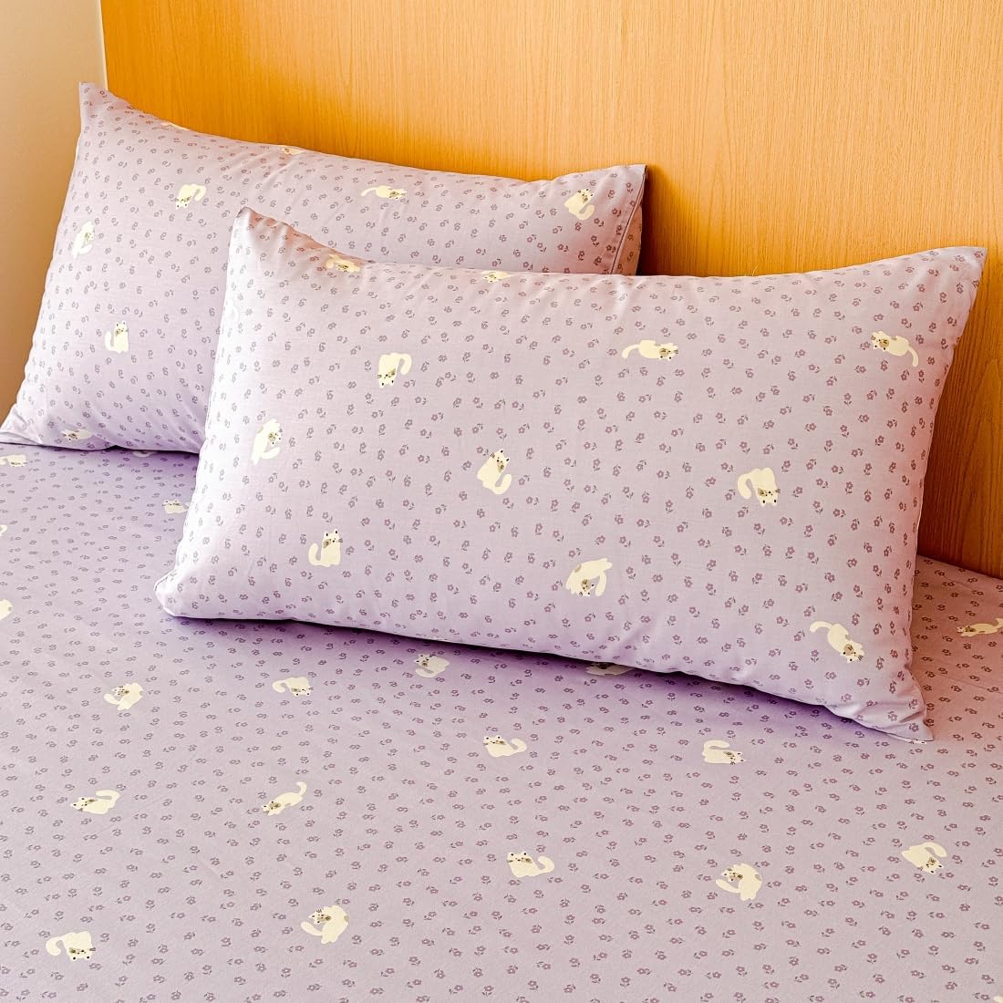 LIWHENHAO Cat Duvet Cover Set Twin 100% Cotton Bedding White Pet Cat Purple Garden Flower on Violet 1 Kawaii Cartoon Animal Comforter Cover Zipper Closure 2 Pillowcases for Kids Girls Boys