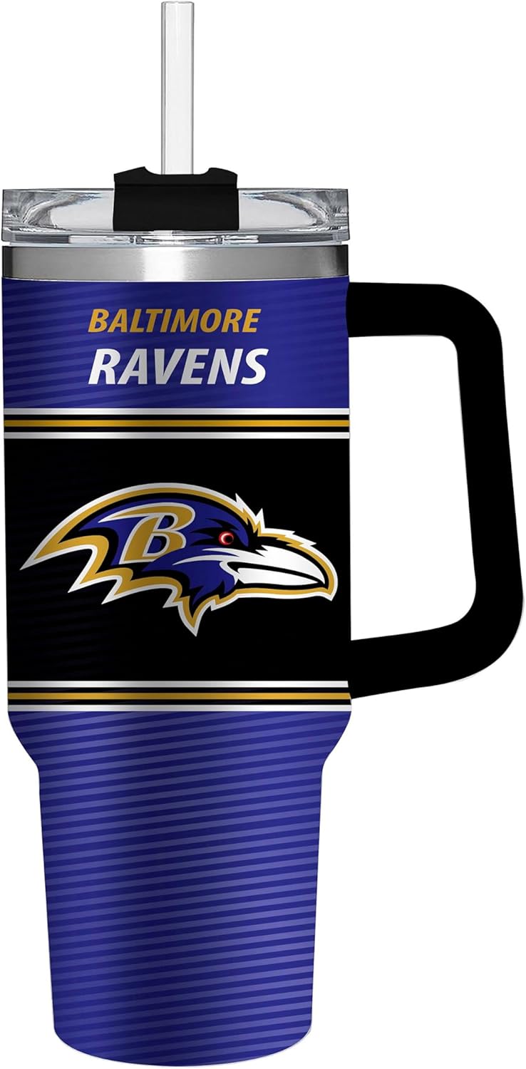 NFL Baltimore Ravens Stainless Steel Tumbler with Handle and Straw, 40oz Double Wall Insulated Cup with Lid, BPA-Free Water Bottle, Officially Licensed Football Travel Mug for coffee, tea