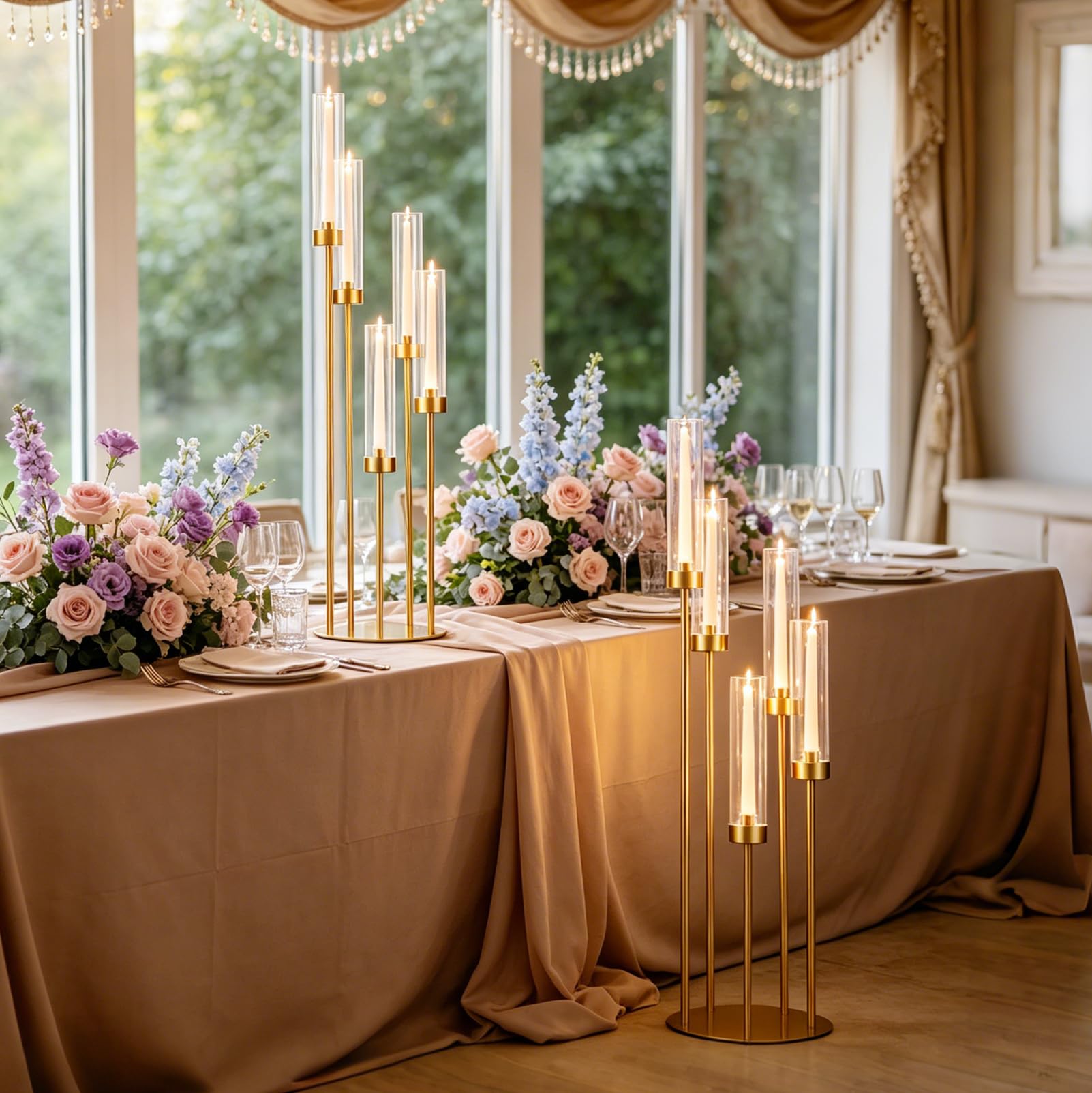 Set di 4 Candelieri in Metallo a 5 Bracci, Altezza 66-106 cm | con Paralume in Acrilico, Ideali per Matrimoni, Decorazioni per la Casa (compatibili con candele a LED)
