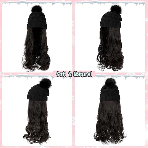 Miniatura 10 de Lansigreen Gorro con peluca, gorro con cabello, extensiones largas y onduladas, gorro de punto con pompones, 20 pulgadas, sintético, extraíble, para