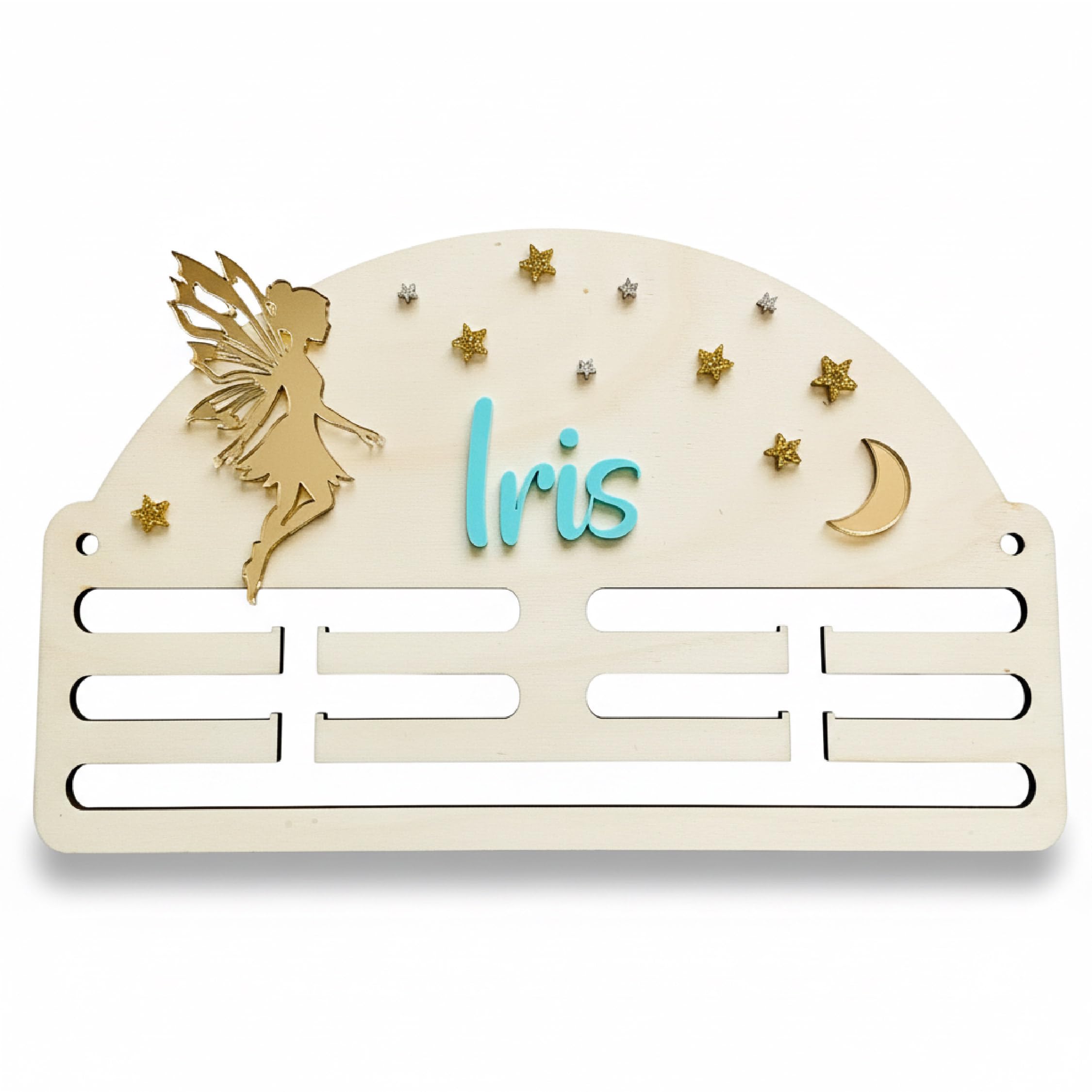 Genérico Ideas CAÓTICAS | Medallero Niña Personalizado con Nombre. De Madera. El Hada, la Luna, el Nombre y Las Estrellas Hechos en acrílico de Color a Elegir. Fabricado en España.