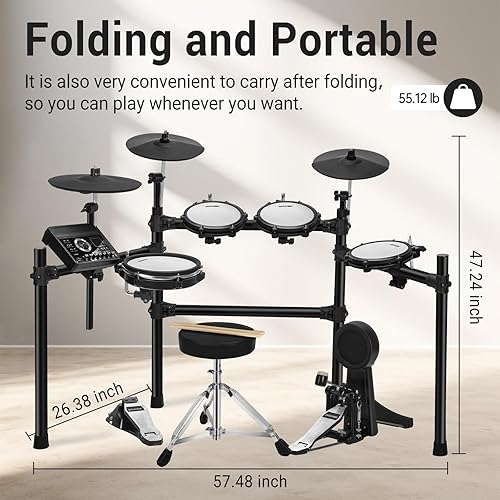 Vista 2 de AODSK Juego de batería eléctrica para adultos, batería profesional con 400 sonidos, USB MIDI, juego de batería de malla silenciosa con pedales
