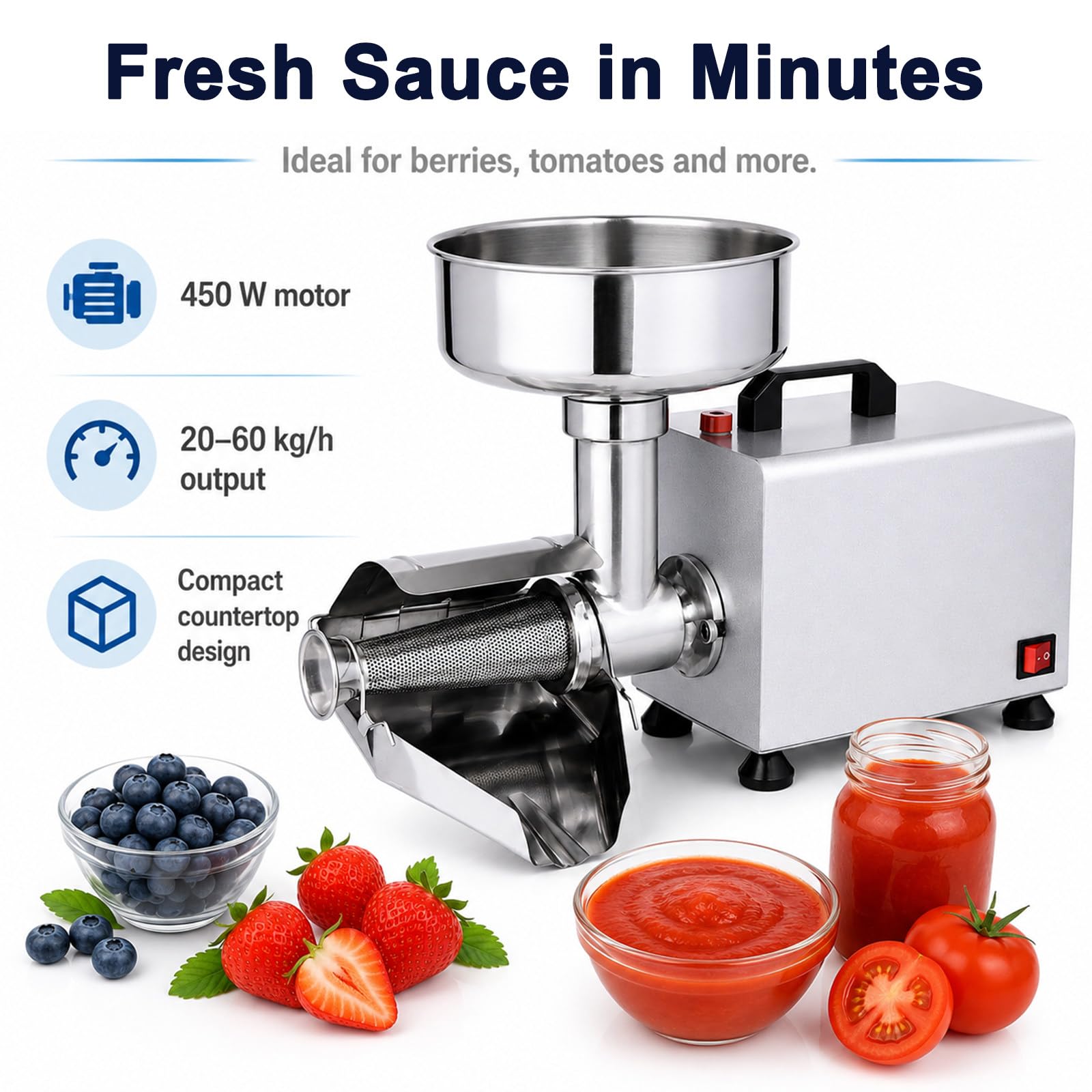 Passapomodoro Elettrico da 450 W, passaverdure e frullatore in Acciaio Inox Silver | con motore in rame puro, apertura di alimentazione da 12,2 cm, capacità di macinazione di 50 kg/h per ketchup, marmellata