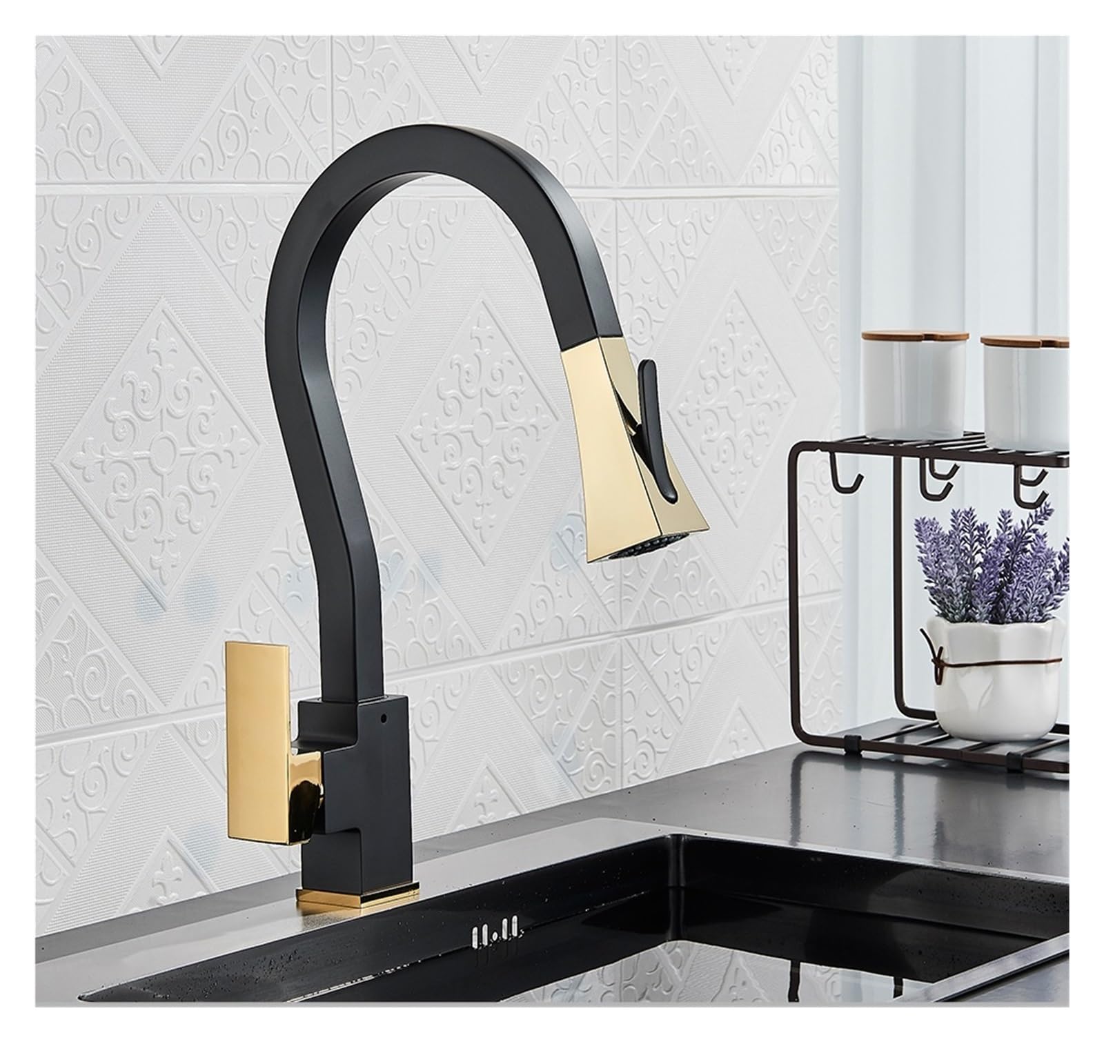 ZYCHSJXA PullOut Faucets Black Tap Sink Mixer Two Function Single Handle Hot Cold Water Crane Deck Mounted Kitchen Faucet(Black and Gold)