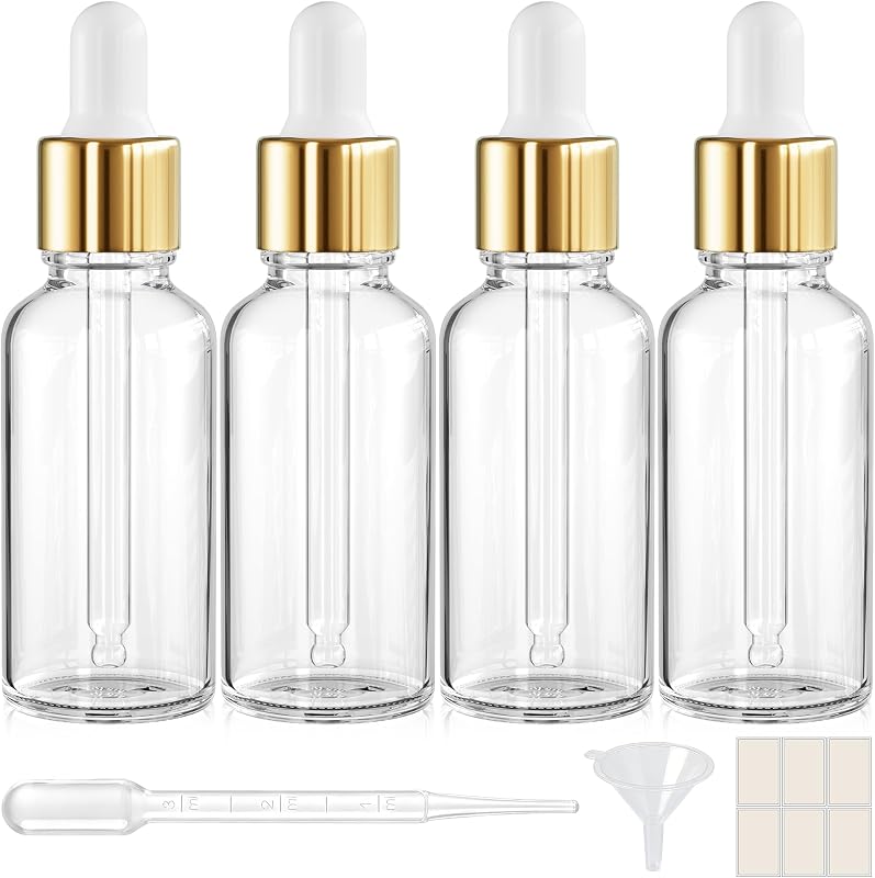PrettyCare Frascos conta-gotas de vidro transparente 60 mL com tampas douradas, pacote com 4, etiquetas, funil e pipetas graduadas