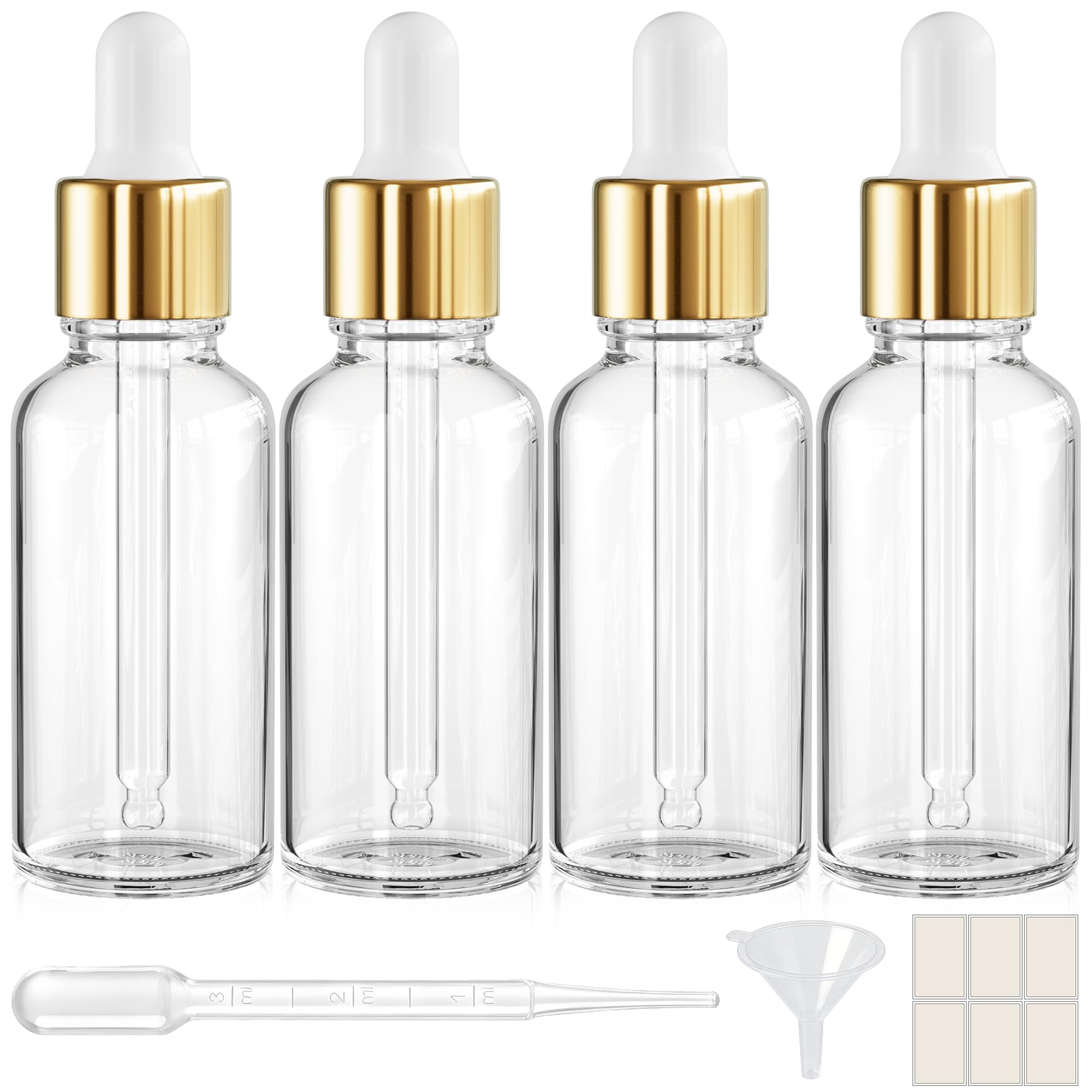 PrettyCare 2 oz Dropper Bottles, 4 Pack Clear Glass Bottles 60ml with Golden Caps, 12 Labels, Funnel &amp; Measured Pipettes-Empty Tincture for Essential Oils &amp; Skincare
