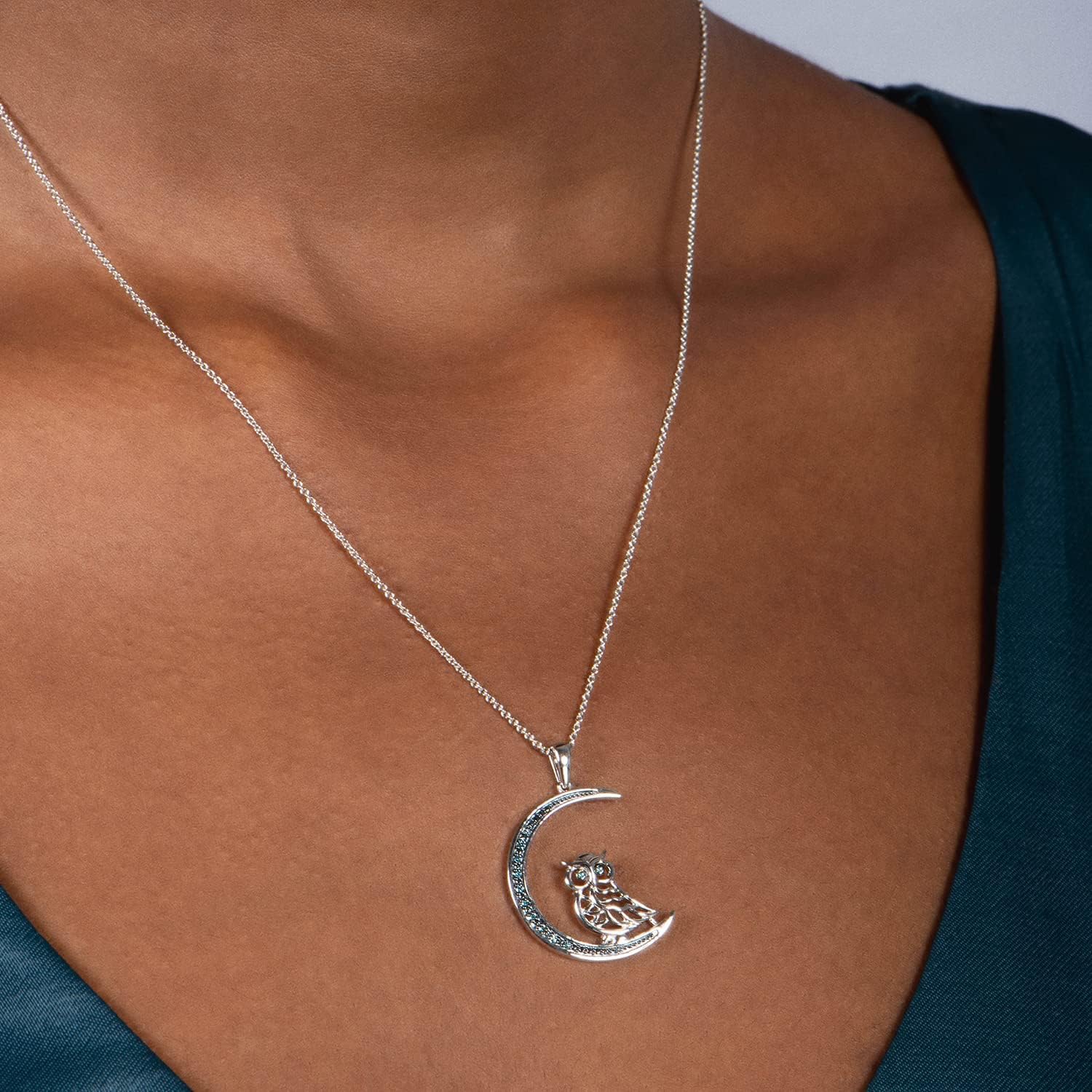 Jewelili Sterling Silver Treated Blue Round Diamond Accent Owl on Moon Pendant Necklace, 18" Rolo Chain