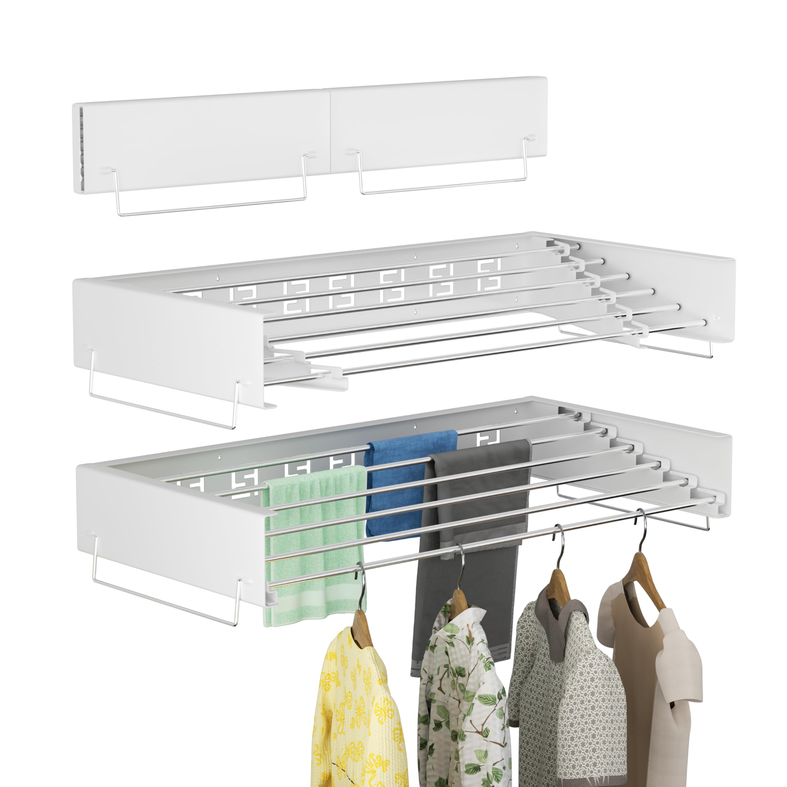 BQKOZFIN 100CM Wall Mounted Clothes Drying Rack, Retractable Laundry Clothes Airer, Collapsible Laundry Drying Rack for Indoor Outdoor Bathroom, Space Saver Compact Sleek Design (White)