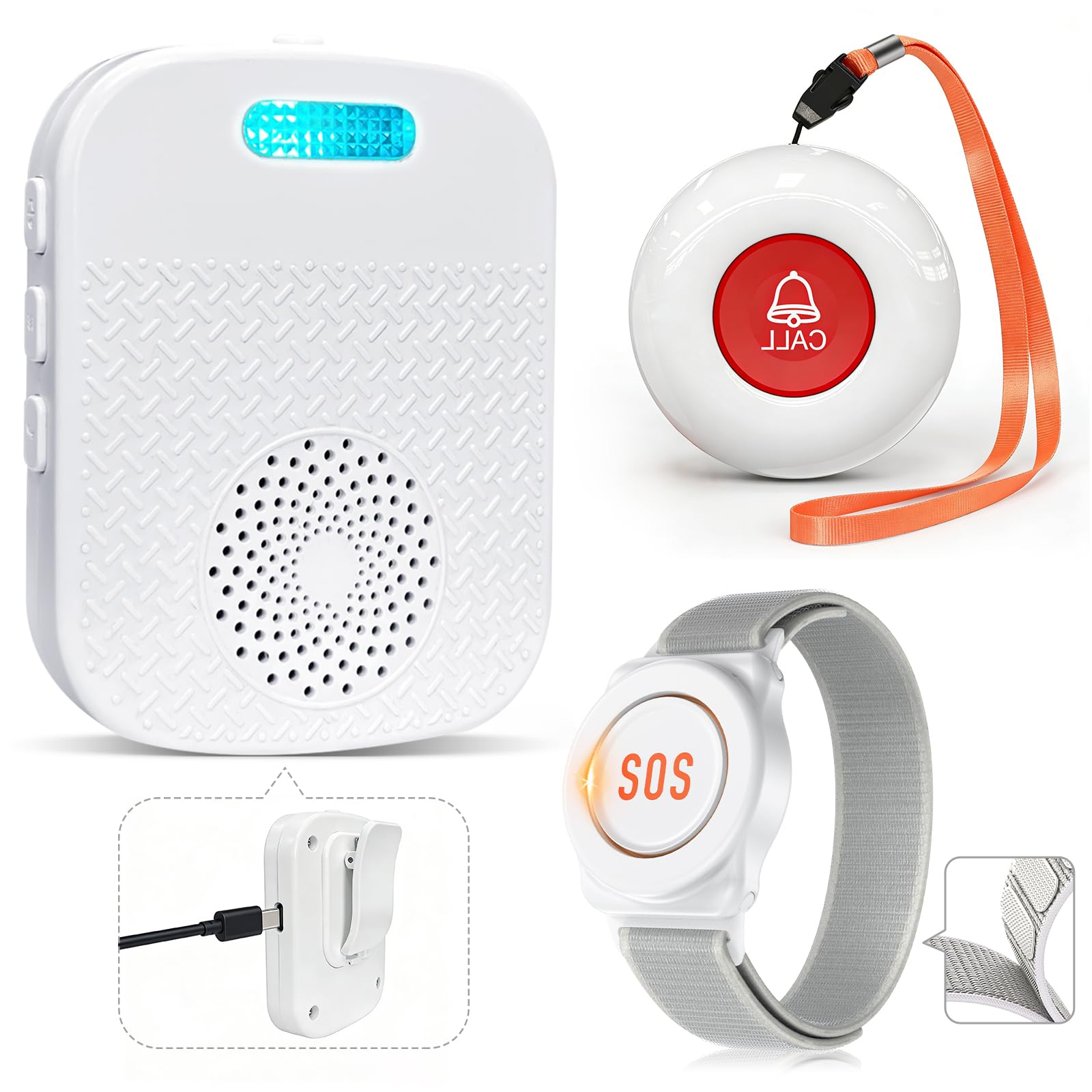 Botón de emergencia para personas mayores Sistema de teleasistencia interna Pulsera de emergencia para personas mayores Receptor recargable Alarma SOS (Receptor*1 + Pulsera*1 + Transmisor*1)