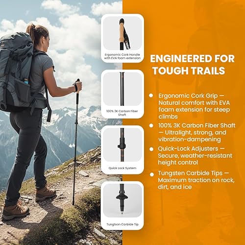 Miniatura 4 de Bastones de senderismo plegables de fibra de carbono 3K, bastones de senderismo ajustables para senderismo, bastones con mango de corcho, agarre de