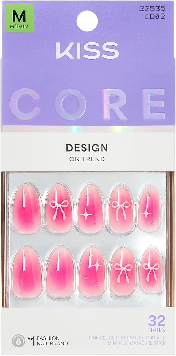 Kiss Core, Press On Nails, Nail glue included, 'My Time', Pink, Medium Size, Almond Shape, Includes 32 Nails, 2g Glue, 1 Manicure Stick, 1 Mini File