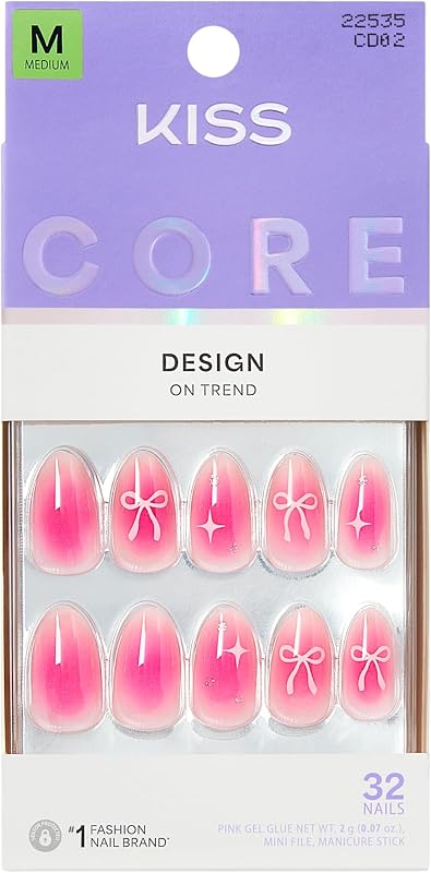 Kiss Core, Press On Nails, Nail glue included, 'My Time', Pink, Medium Size, Almond Shape, Includes 32 Nails, 2g Glue, 1 Manicure Stick, 1 Mini File