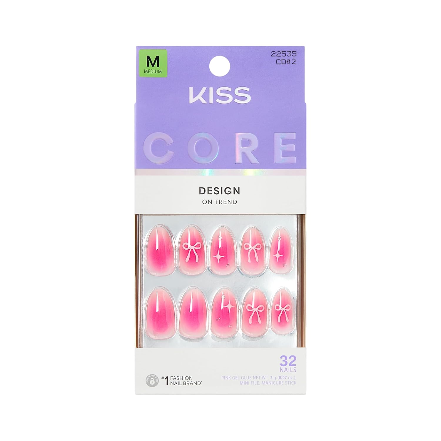 KISS CORE Press On Nails 'My Time', Pink, Medium Almond Shape, 32 Nails, Glue
