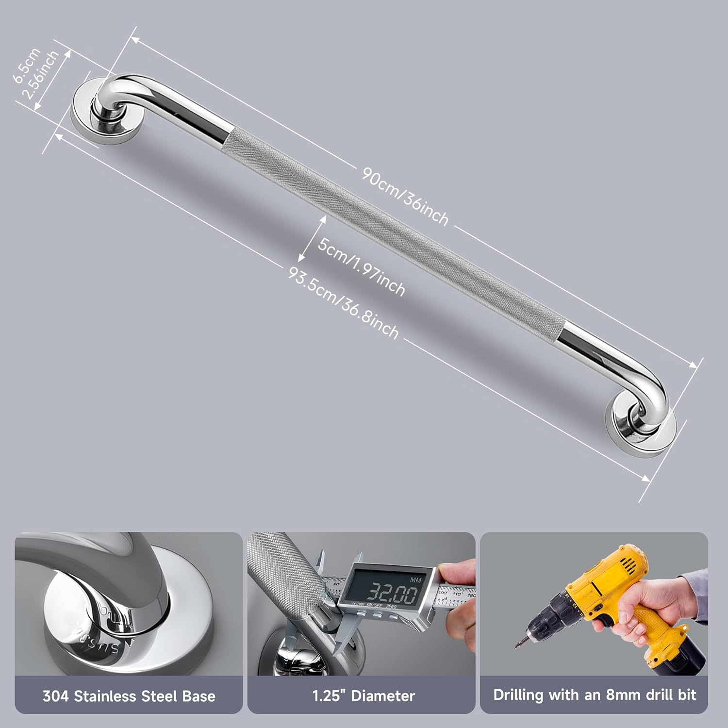 36 Inch Shower Grab Bar 1.25" Dia, Chrome Anti Slip Bathroom Grab Bar, 304 Stainless Steel Knurled Handicap Grab Bars, Safety Support Handrail, Assist Bath Shower Handle for Elderly Injury Senior 36 Inch Chrome