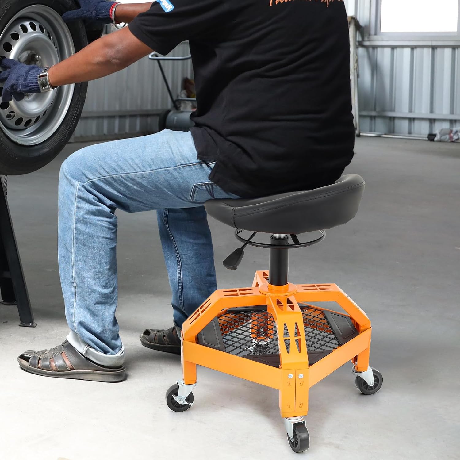 Magshion Rolling Shop Stool with Wheels and Tool Tray, 25" to 30.5" Height Adjustable, Foam-Padded Seat Rolling Garage Stool for Workshop, Auto Repair Shop and Home Garage (Load 300 lbs)