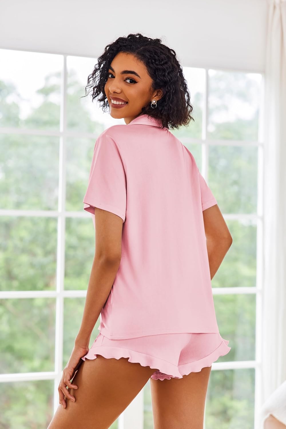 Ekouaer Pajamas Set for Women Short Sleeve Sleepwear Button Down Pjs Lounge Sets Soft Nightwear - Image 4