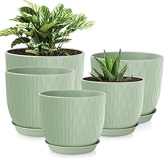 Plastic Plant Pots 10/9/8/7.5/7 inch Set of 5, Flower Planters with Drai...