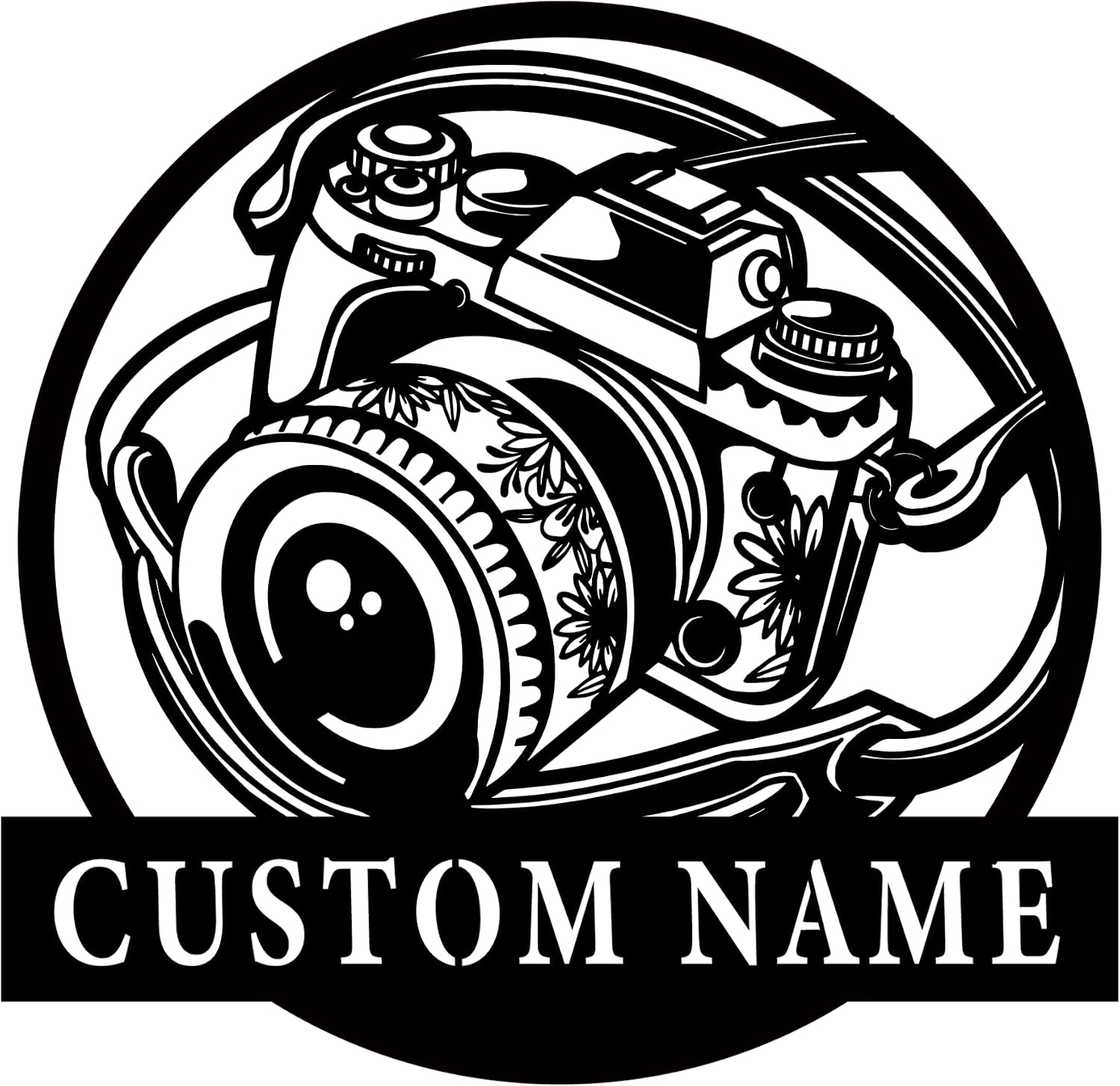 Personalized Camera Metal Wall Art Sign with Custom Name, Floral Design
