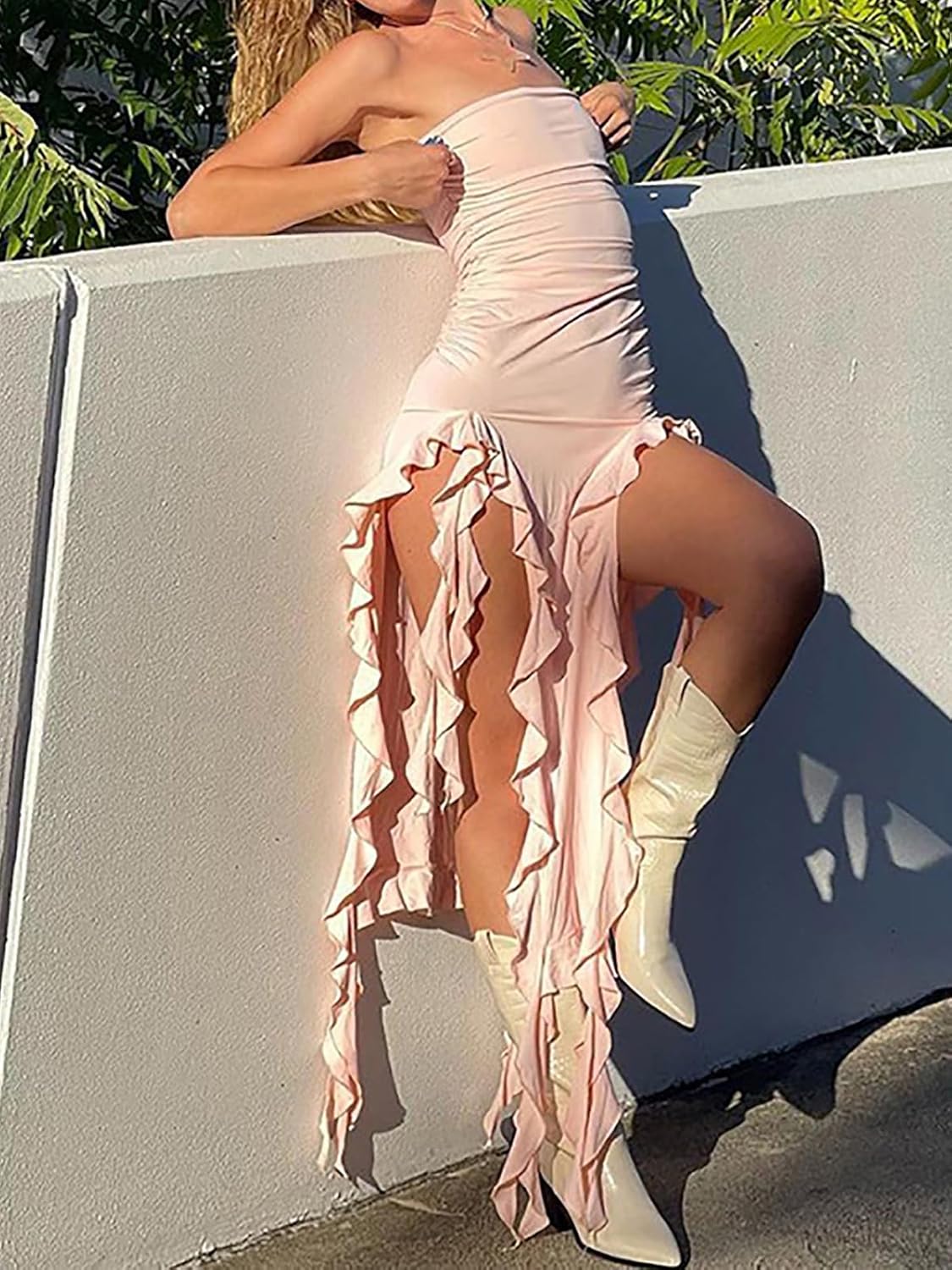 Women Summer Elegant Strapless Tube Midi Bodycon Dresses Irregular Ruffle Tassel Party Dress - Image 5