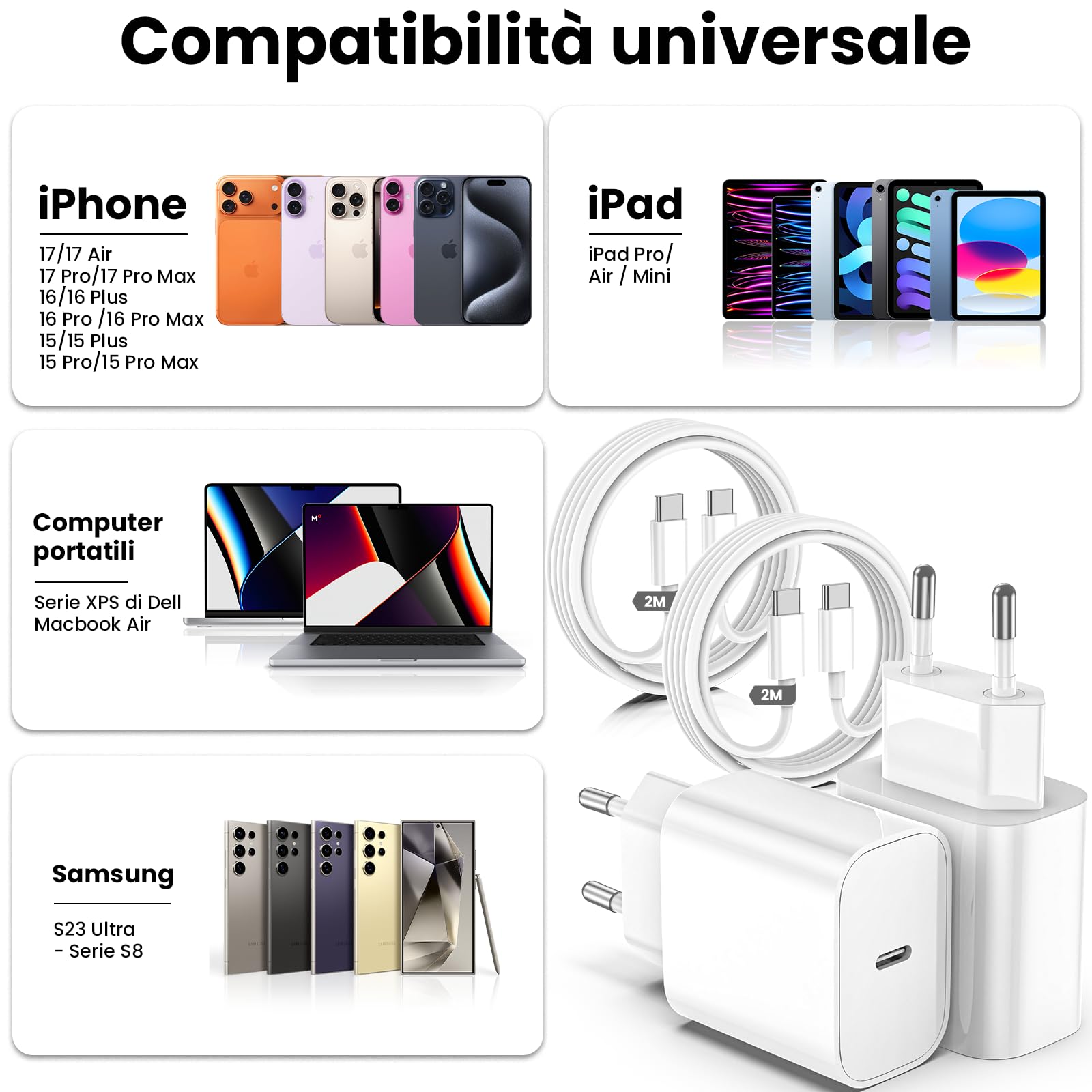 20W Caricabatterie Rapido for iPhone 17 16 15 con Cavo USB C a C 2m per Apple iPhone 17 16 Pro Max/15 Plus/iPad Pro 12.9 /Air Tipo C Cavetto Ricarica Caricatore 2 Pezzi per USB C Carica Batteria