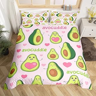 Avocado Comforter Cover Kawaii Bedding Set for Kids Child,Lovely Cartoon Avocado Tropical Fruit Duvet Cover Pastel Pink Loving Heart Pattern Quilt Cover Novelty Food Themed Decor Full Size