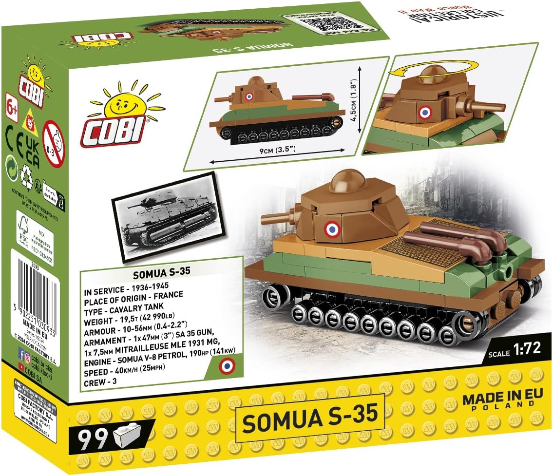 COBI Historical Collection WWII SOMUA S-35 1:72 Scale Tank Building Set, 99 Pieces
