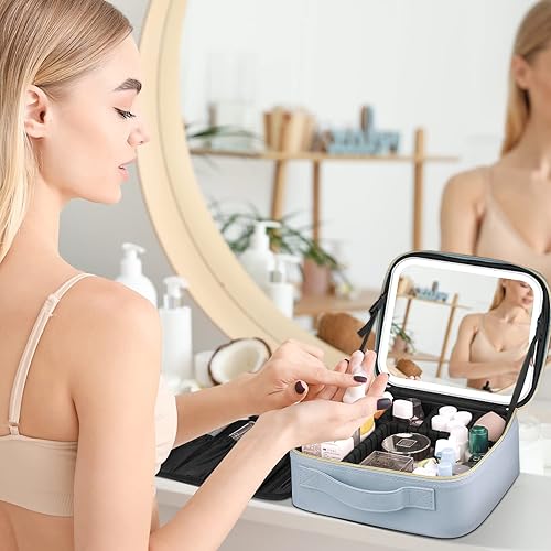 Miniatura 6 de AZ GOGO Bolsa de maquillaje con espejo iluminado, Azul, Suave