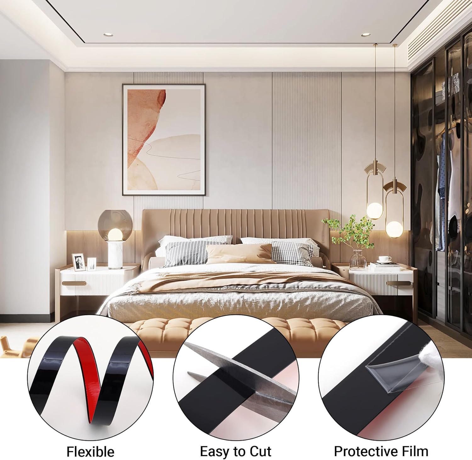 Gaahing 196.8" x 1" Matte Black Molding & Wall Trim, Flexible Peel and Stick Decorative Strip for Tile, Mirror, Ceiling, Floor, Panel, Cabinet - Image 6