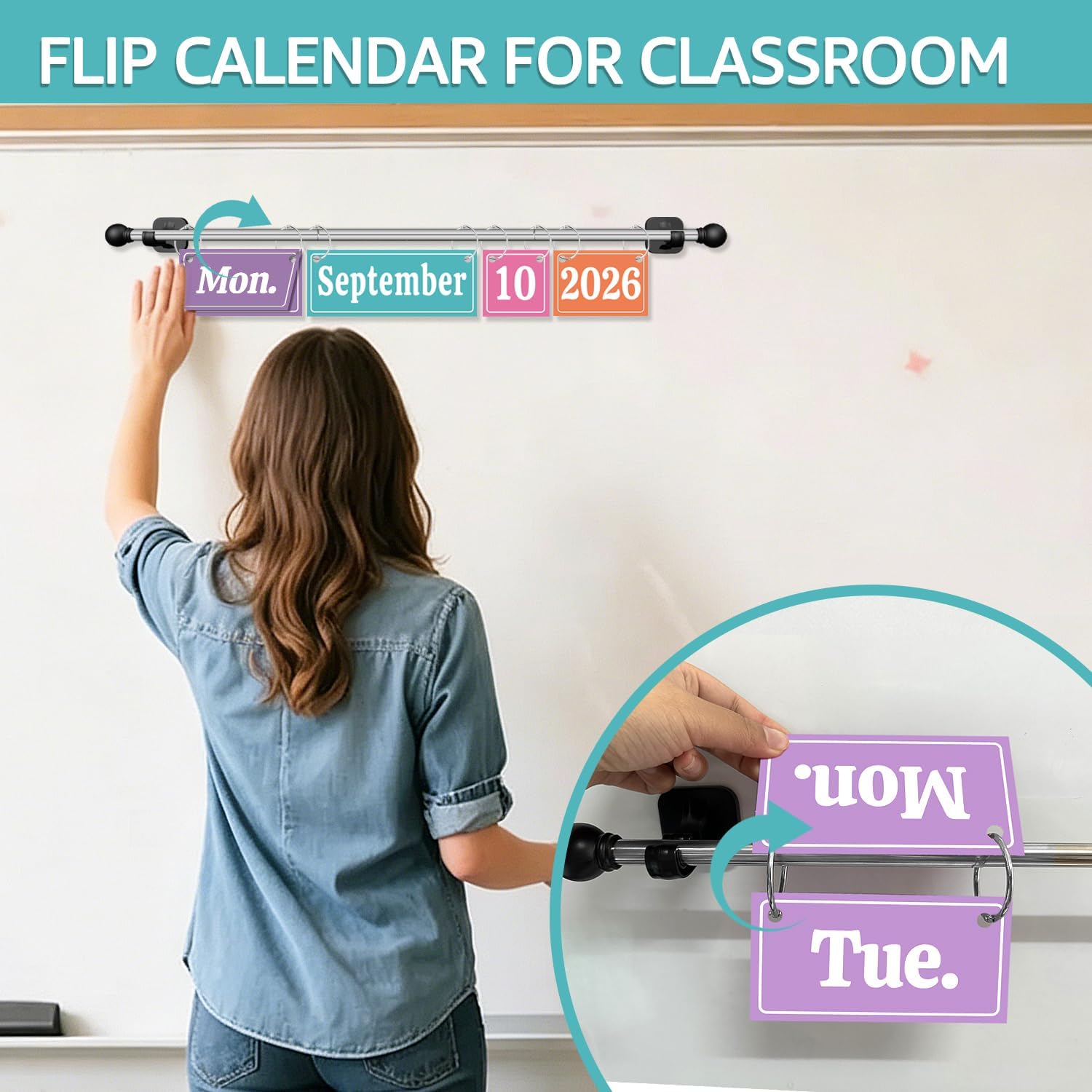 Magnetic Flip Calendar for Classroom, Rainbow Colorful School Decoration image 2