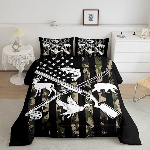 Erosebridal Juego de edredón de caza, pato y ciervo, juego de ropa de cama de pesca con peces de lubina, tamaño King para niños y hombres, edredón