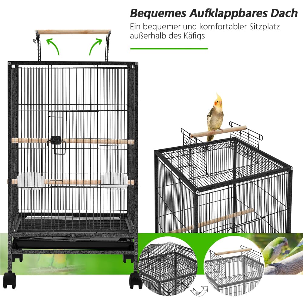 Yaheetech Vogelkäfig mit offenem Dach, Vogelvoliere mit Holzstangen und 360° drehbaren Rollen, 2 Futternäpfe & Schublade, großer Raum für Vögel, 45,5x45,5x89,5 cm